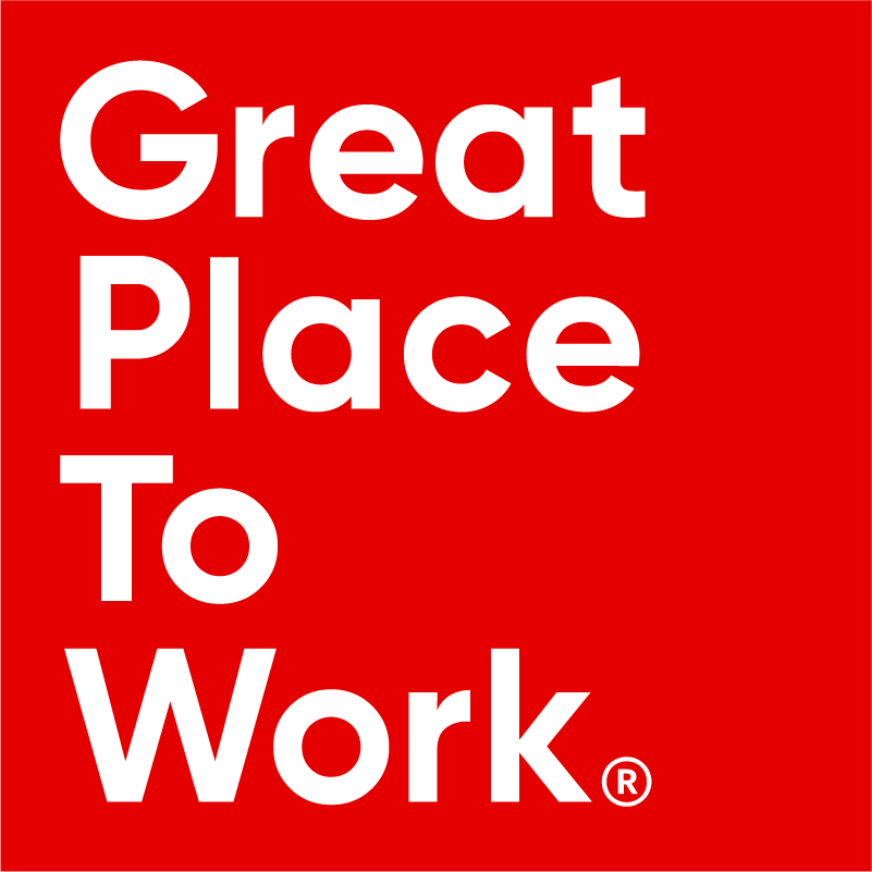 Red and white Great Place to Work logo, representing official certification for organizations recognized for outstanding company culture and employee satisfaction.