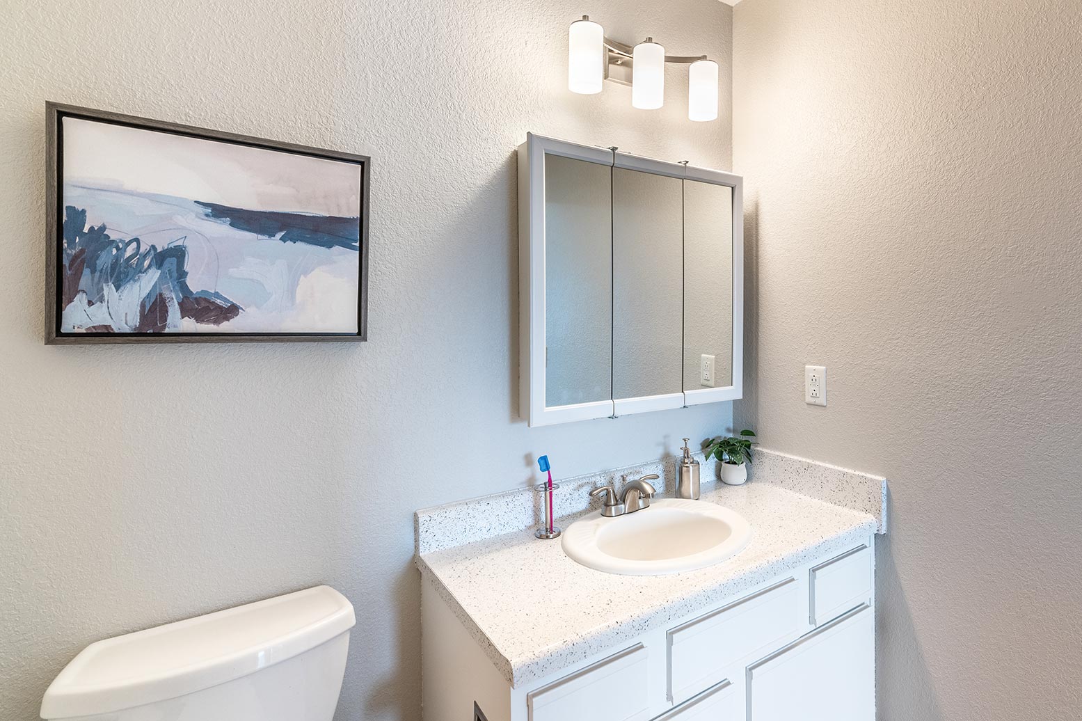 Senior living bathroom with white vanity, large mirror, modern lighting, and accessible layout.