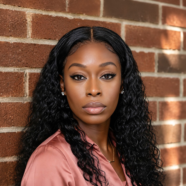 Larolyn Dodd, Business Office Director at Buckingham Senior Living, in a professional headshot with long dark curly hair, stud earrings, a satin rose blouse, and a red brick wall background.